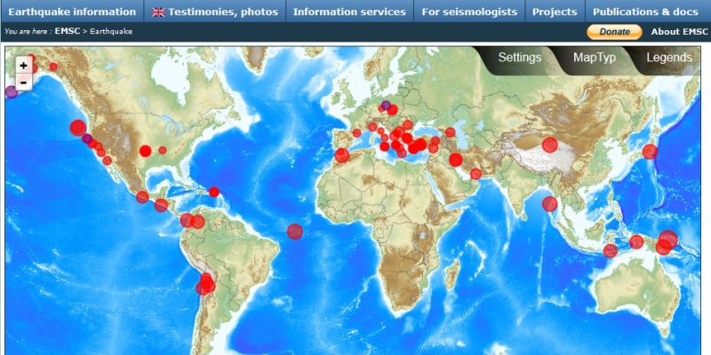 ヨーロッパ地中海地震学センターの地震マップ