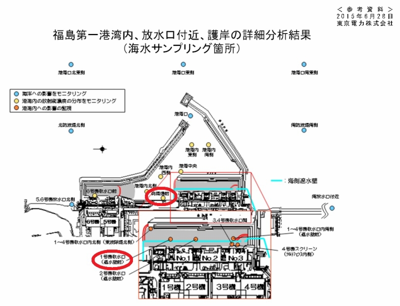 「福島第一港湾内、放水口付近、護岸の詳細分析結果｜東京電力 平成27年6月28日」より