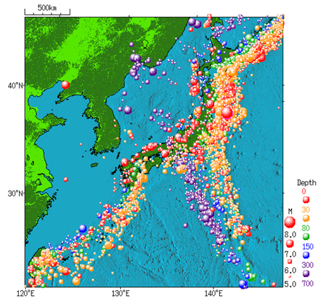 気象庁HP 【１９６０年から２０１１年にかけての日本付近で発生した地震の分布図】