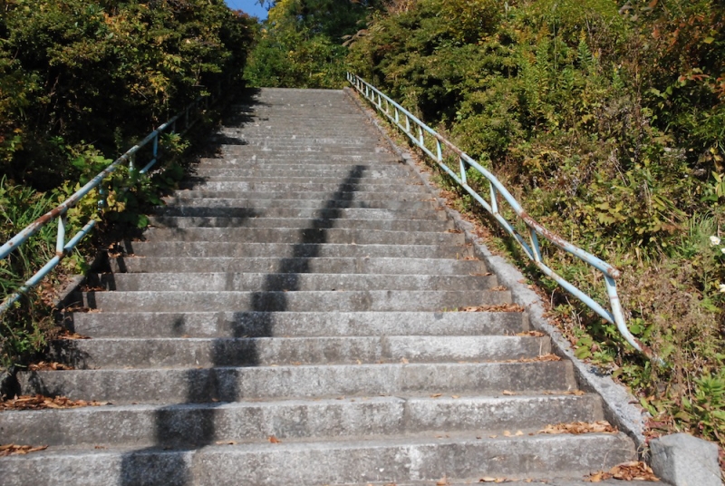 高田の中心部から高台に上る本丸公園の石段。この石段を駆け上がって助かった人も多いという