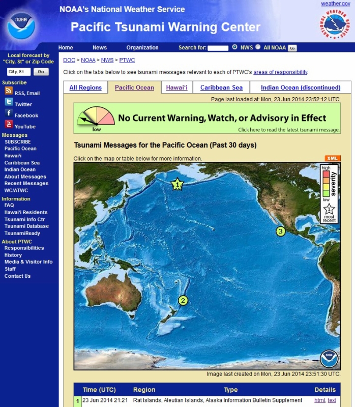 太平洋津波警戒センターのトップページでの警戒レベルは「LOW」