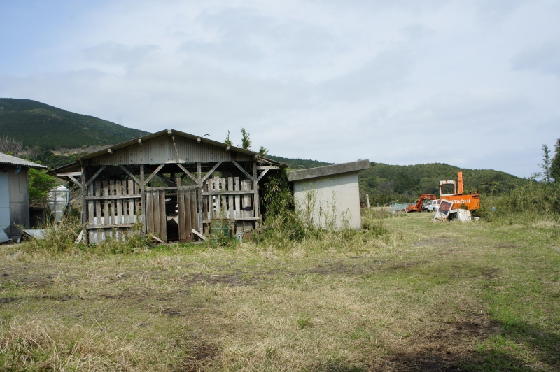 牧場の牛舎と作業用のショベルカー