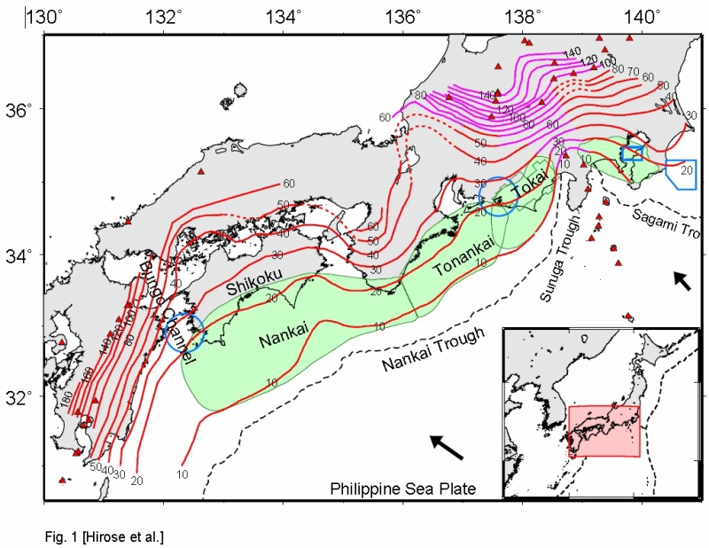 「フィリピン海スラブ上面のコンター」気象庁気象研究所の弘瀬冬樹研究官が取りまとめたフィリピン海プレートの形状。この図についての説明は文末に記します