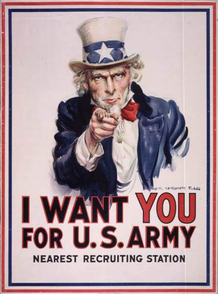 第一次大戦時、アメリカ陸軍が志願兵を募ったポスター「Uncle Sam wants You for army」。悲惨な戦場の様子が伝えられていたにもかかわらず、多くの若者が入隊したという（wikipedia.org）