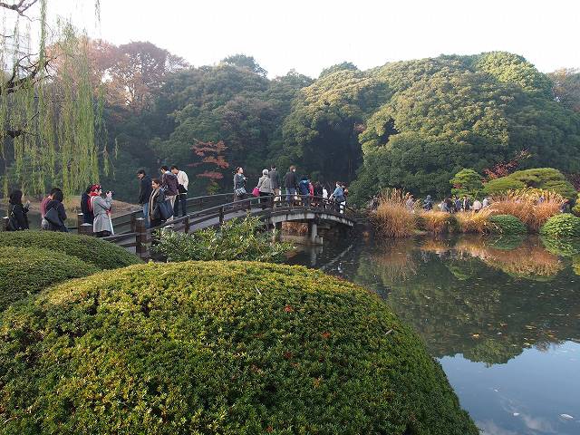 日本庭園にて。「上の池」と池にある小島に架かる橋