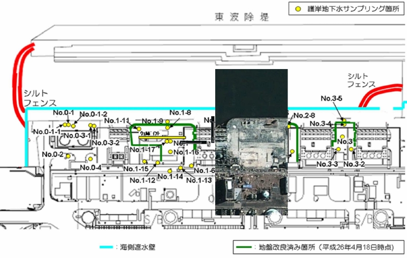 1,2号機ウェルポイントの位置（東京電力の資料とGoogle Mapを合成）