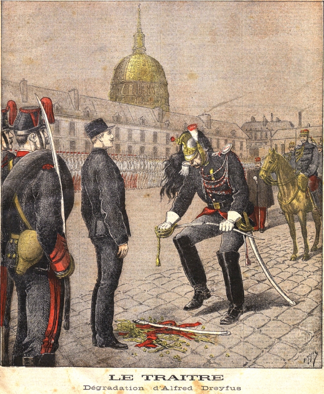 ドレフュス大尉の不名誉な除隊を描いた挿絵（官位剥奪式で剣を折られるドレフュス=左側）