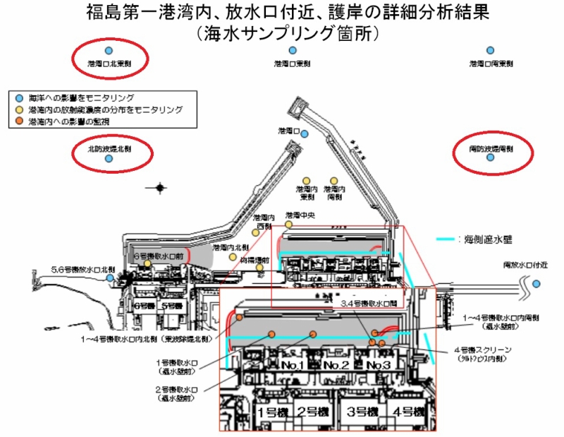 「福島第一港湾内、放水口付近、護岸の詳細分析結果 平成27年3月25日」より