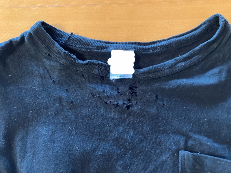 これはいつも着ている「GILDAN」ではありませんが、綿100％だとどんなに太い糸のTシャツでもこんな感じになってしまいます。娘のパニックが激しいのであって、品質が悪いわけではありません。念のため