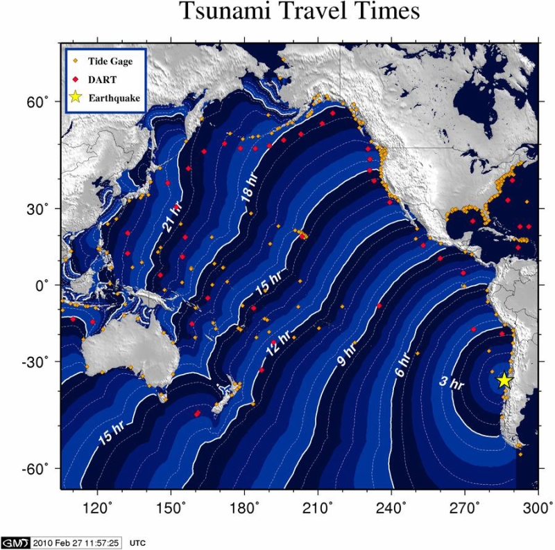 2010年チリ地震津波の到達予想時間（米海洋大気庁 NOAA）