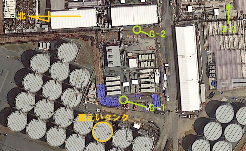 G-2観測孔は今年2月に漏えいしたタンクからの距離約70メートル（GoogleMapに加筆）