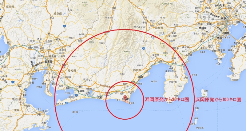 浜岡原発から半径約30キロ圏と100キロ圏（GoogleMapに加筆）