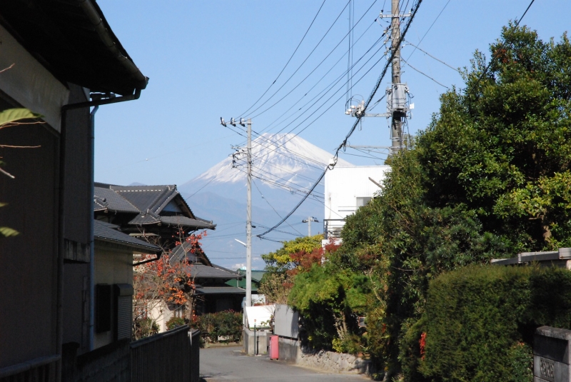 古い街路を歩いていると、いきなり目の前に富士山。山木集落の路地から眺める姿も味わいがある。電柱がなければもっといいのだが…