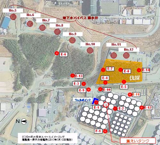E-9、E-1取水ポイントの位置（東京電力の資料より）