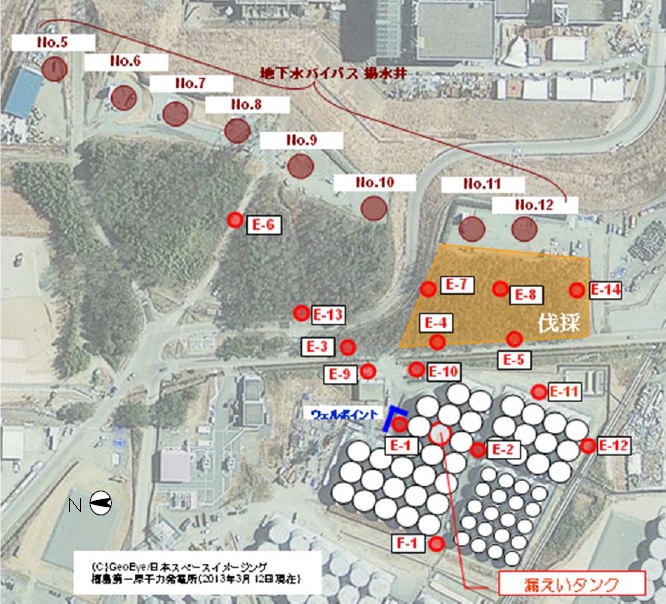地下水観測孔E-13,14の位置（東京電力の資料より引用）
