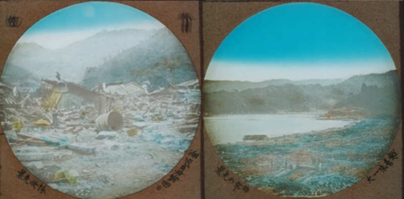 仙台博物館蔵の幻燈写真 左：津波来襲後の光景（釜石町）右：津波来襲後の光景（越喜来村）
