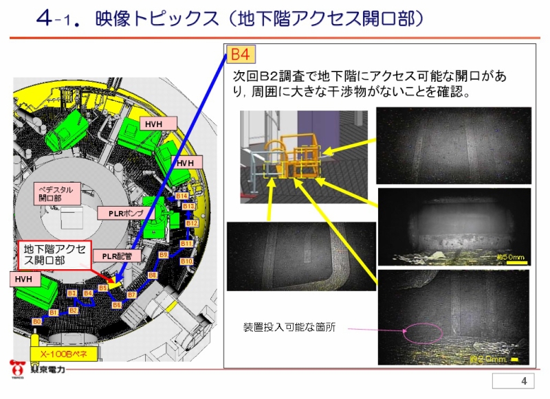 次回の調査で地下階までロボットが進入できるように頑張ってほしいものだが…「「原子炉格納容器内部調査技術の開発」ペデスタル外側1階グレーチング上調査（Ｂ１調査）の現地実証試験の実施について【４月１０日実施分】｜東京電力 平成27年4月13日」より