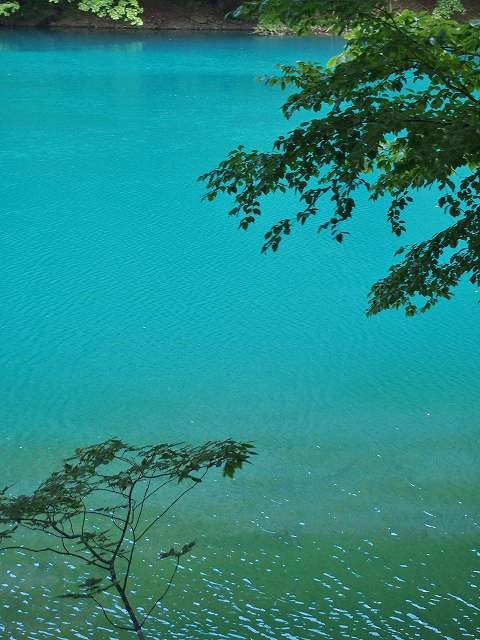 トルコ石のような色をした池