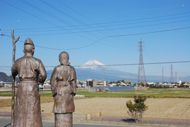 頼朝配流の地とされ、石碑や頼朝と政子の像も建てられている「蛭ヶ小島」。冬を迎えた田んぼの彼方に富士山がきれいに見晴らせる。それにしても、残念ながら電線や鉄塔がうるさい。