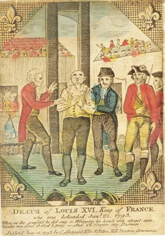 ギロチンで処刑されるルイ16世。左は知己である死刑執行人、シャルル＝アンリ・サンソン。（1798年の画）