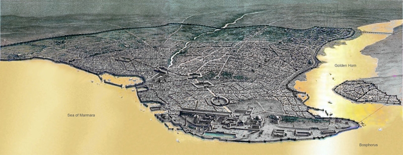 ビザンティン帝国時代のコンスタンティノープル（イスタンブール）。画像右にある入り江が、金角湾。同湾の左側にある突き出た岬が、現在の旧市街となっている。湾の入り口には、鎖と思われるものも写っている。