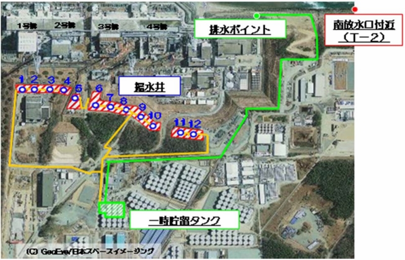 南放水口付近（T-2）地下水バイパス排水での海水サンプリング地点（東京電力の資料より）