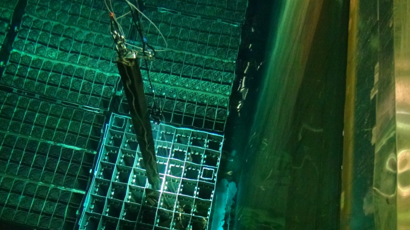 福島第一原子力発電所4号機使用済燃料プールからの燃料取り出しの作業状況「共用プールへの使用済燃料（変形燃料）の格納」（平成26年11月4日撮影）