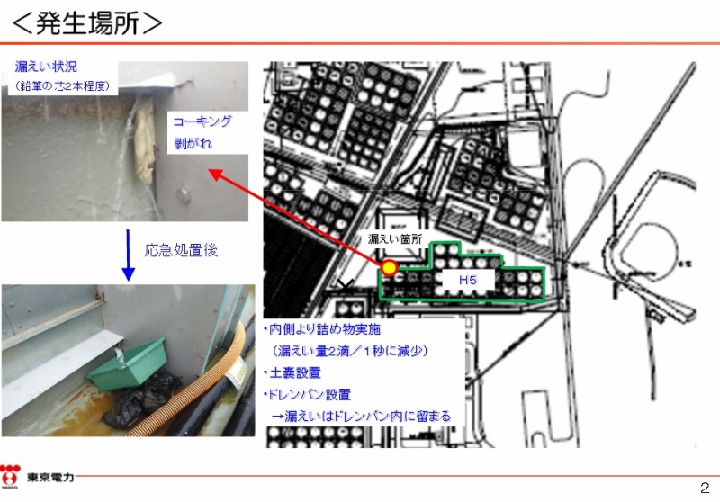 「Ｈ５北エリア堰からの堰内雨水漏えいについて｜東京電力 平成27年9月9日」より