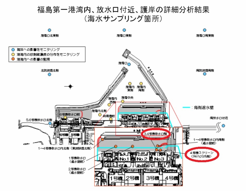 「福島第一港湾内、放水口付近、護岸の詳細分析結果｜東京電力 平成27年7月17日」より