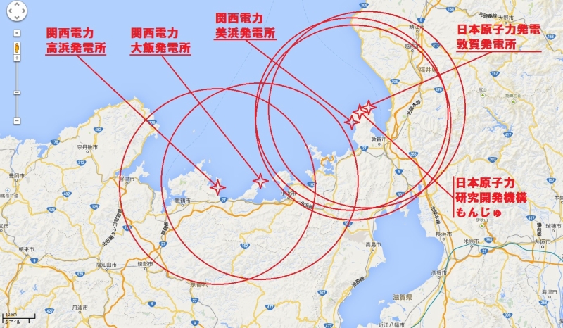 福井県の原子力発電施設をGoogle Map上にプロット。赤い円は施設から半径30キロ