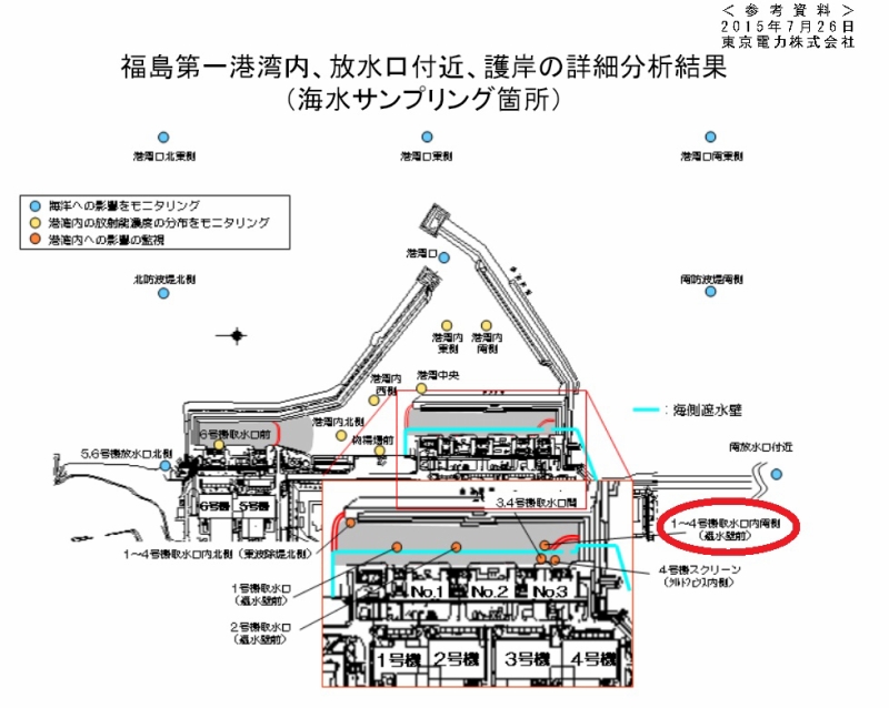 「福島第一港湾内、放水口付近、護岸の詳細分析結果｜東京電力 平成27年7月26日」より