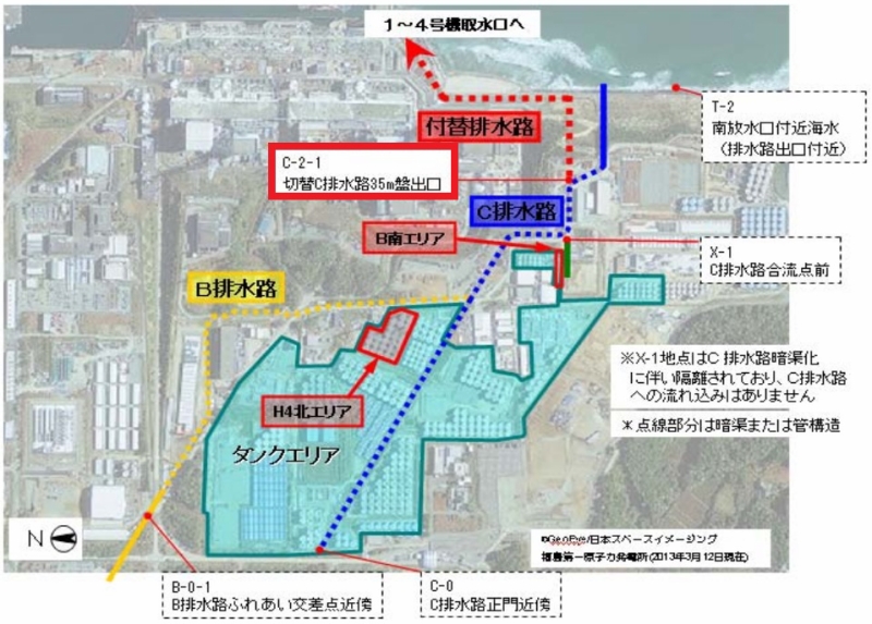 「福島第一原子力発電所構内Ｈ４エリアのタンクにおける水漏れに関するサンプリング結果について （南放水口・排水路）｜東京電力 平成27年2月19日」より