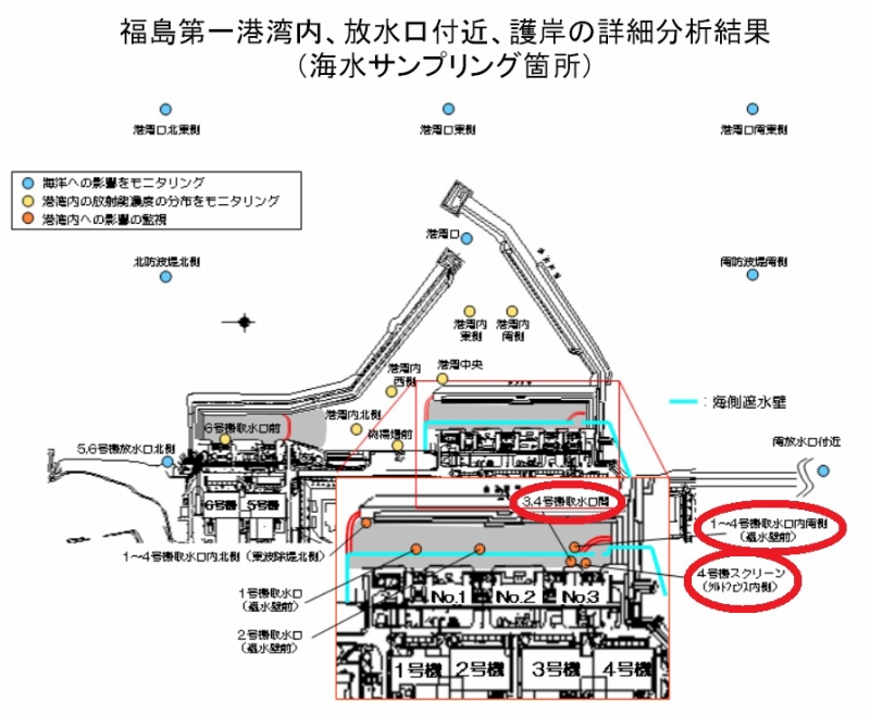 「福島第一港湾内、放水口付近、護岸の詳細分析結果｜東京電力 平成27年6月5日」より