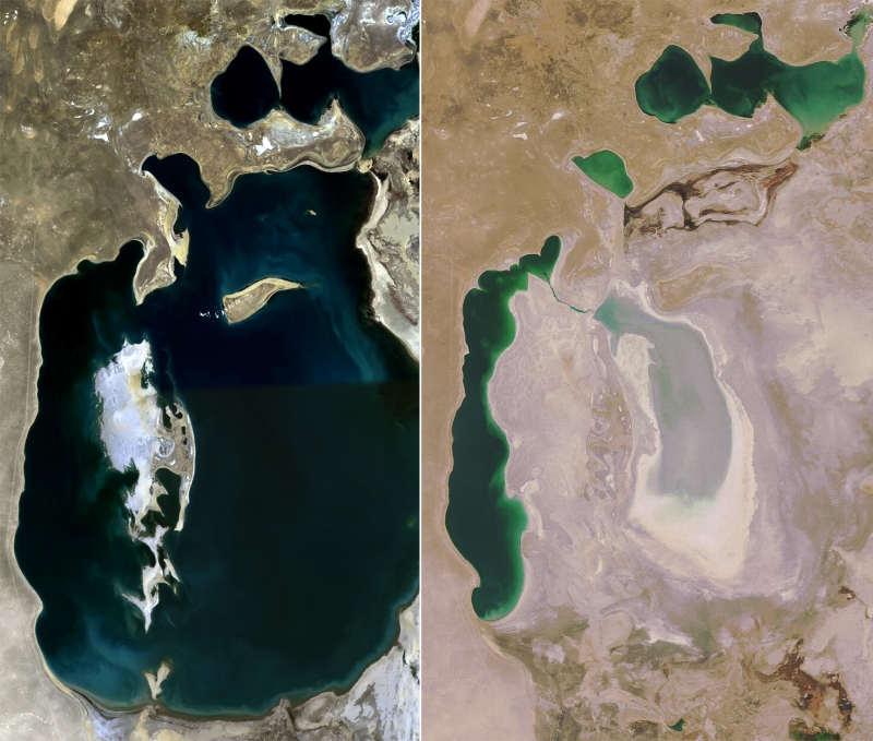 かつて世界第4位の大きさを誇ったアラル海。左が1989年。右が2008年の画像