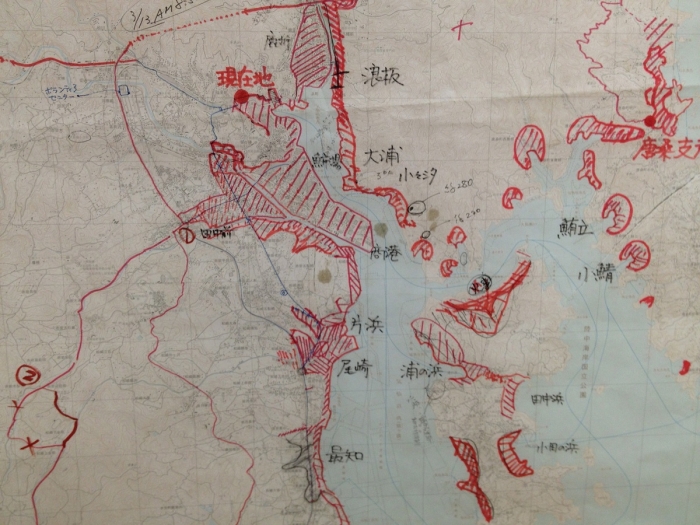 気仙沼市役所に貼り出されている被災直後の被害状況が書き込まれたマップ